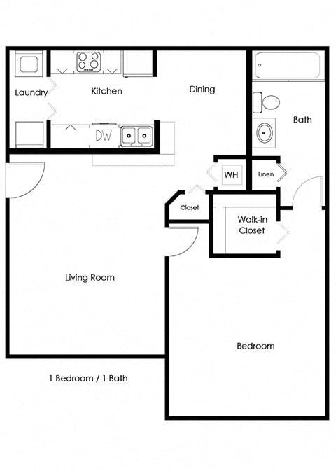 Floor plan for 1 bed, 1 bath, 784 sqft